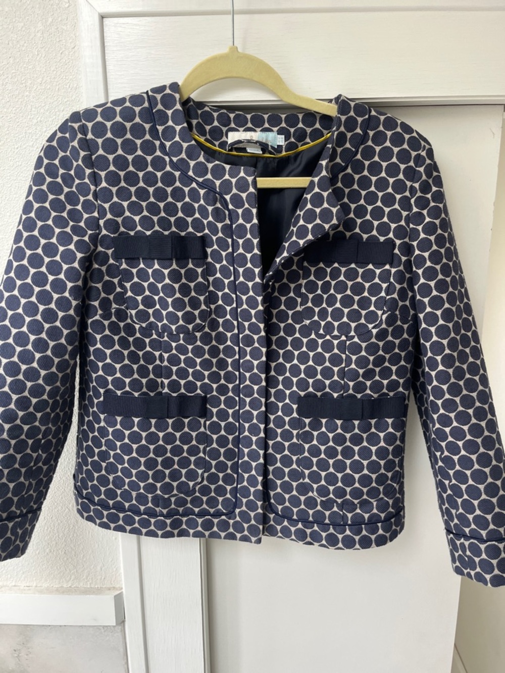 Boden Navy and White Dot Collarless Jacket